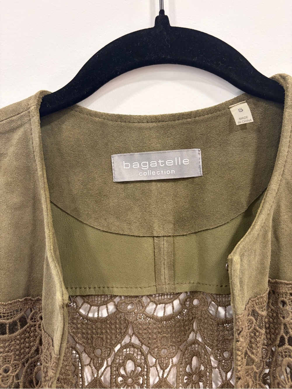 Bagatelle Collection S Olive Genuine Leather Crochet Lace Long Vest Boho Duster - Picture 3 of 10